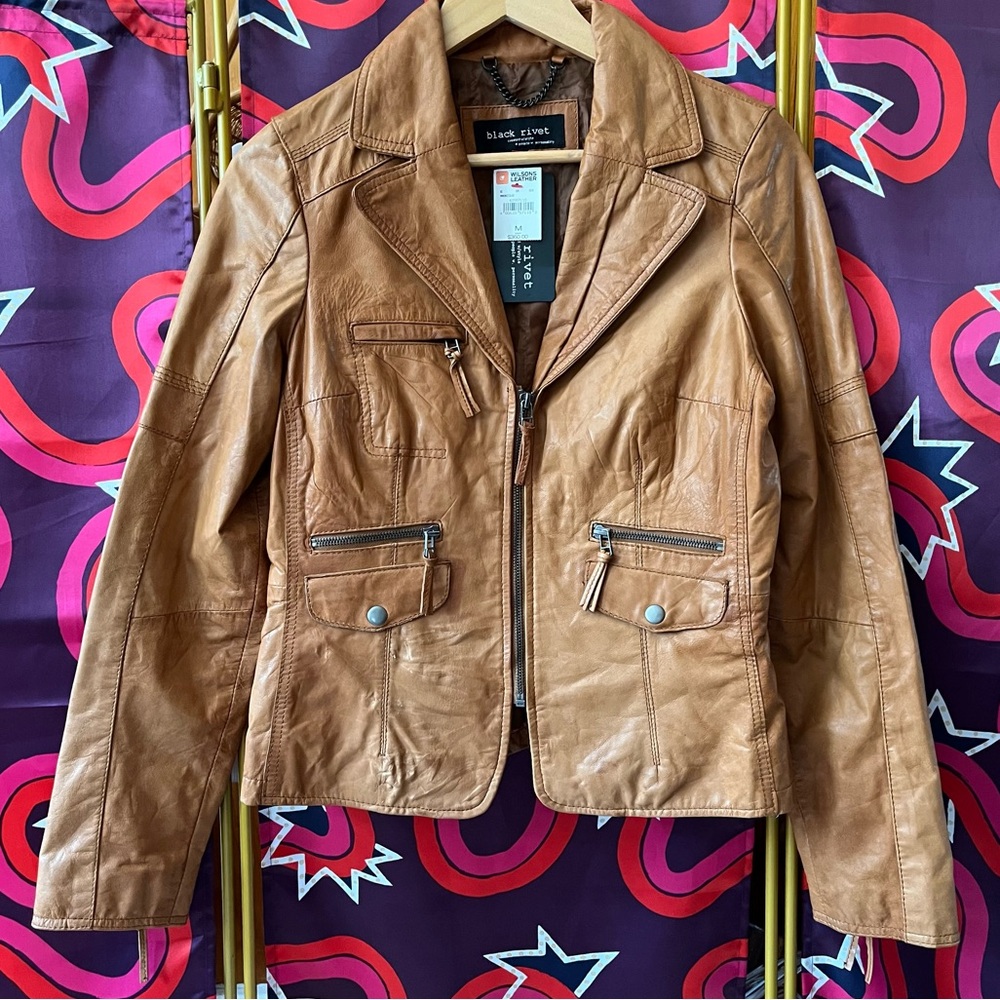 NWT Black Rivet Wilson’s Leather Jacket Tan Cognac Moto Y2K WWZM2733 Biker Retro